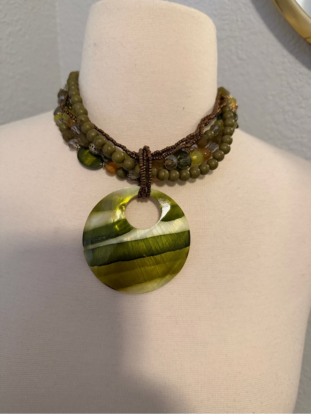 Green Multi-Strand Beaded Necklace with Round Shell Pendant